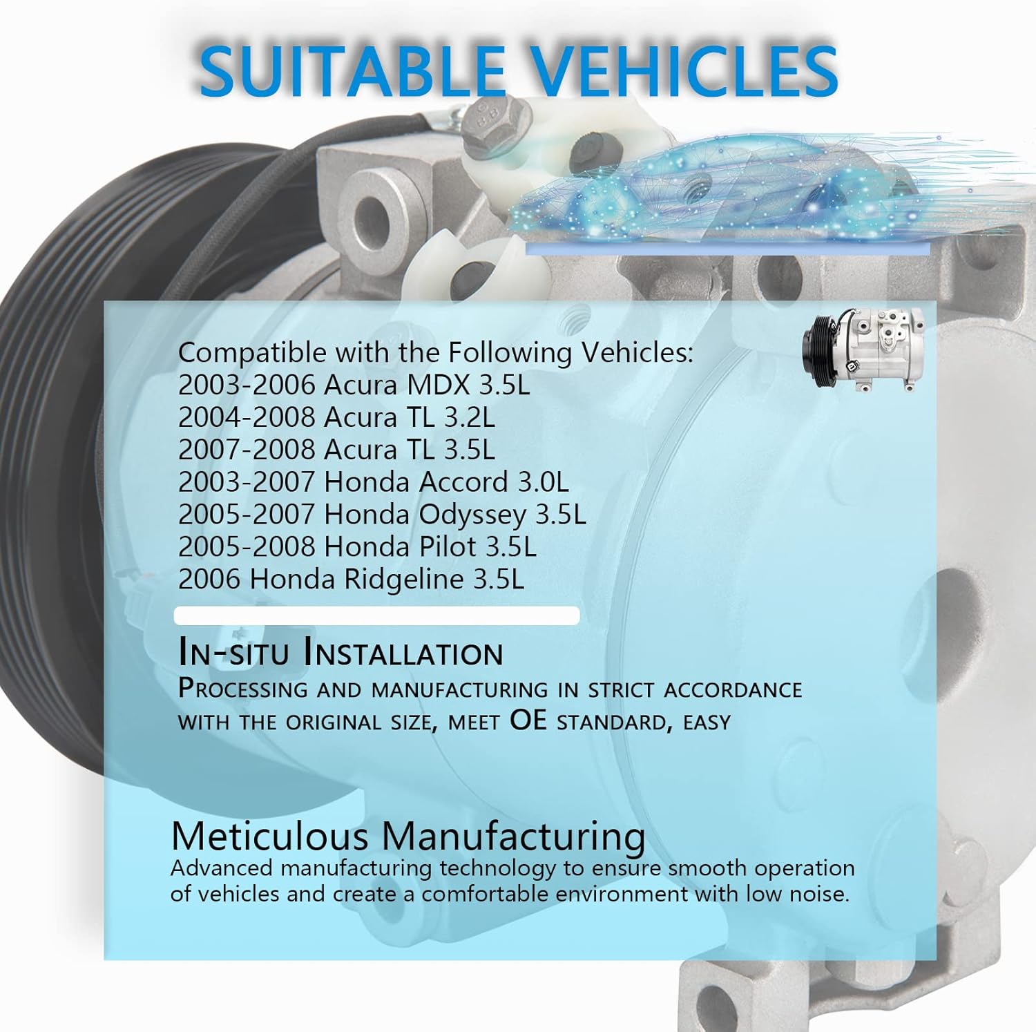 AC Compressor fit for 2005-2007 Honda Odyssey,2003-2007 Accord 3.0L,2005-2008 Pilot,2006 Ridgeline,2003-2006 Acura MDX 3.5L, 2004-2008 Acura TL # 38810RCAA01,CO 10736C Air Conditioning Compressor