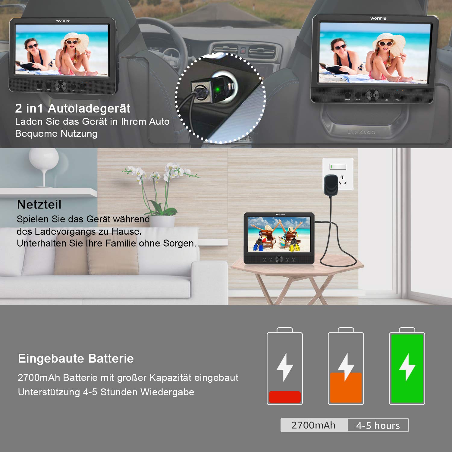 WONNIE Dual 10,5" Auto Tragbarer DVD Player 2 Monitore mit 5 Stunden Rechargble TFT Display Kopfstütze Doppelbildschirm, Unterstützung USB/SD/AV IN/Out