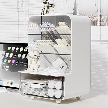 Pen Organizer for Desk, Desk Organizer with Drawer, Multi-Functional Pencil Holder with 6 Compartments and 1 Drawer Organization Storage Accessories for Office Home School Workspace White