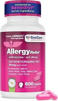 GenCare Allergy Relief Medicine – Bulk Value 600 Count Diphenhydramine 25mg – Antihistamines for Adults for Congestion, Sneezing, Runny Nose, Itchy Eyes & Throat – Pink Generic Benadryl Tablets 25 mg