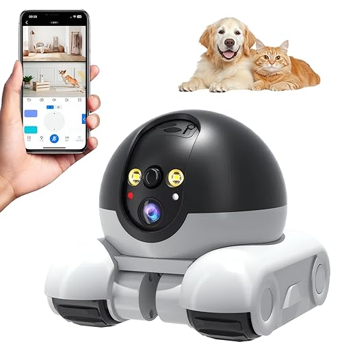 Sxhlseller Cámara de Mascotas Móviles con Ruedas, Cámara Doméstica de Doble Lente de 1080p: Control Remoto de Aplicaciones, Conversación de 2 Vías, Seguimiento Automático, Cámara de