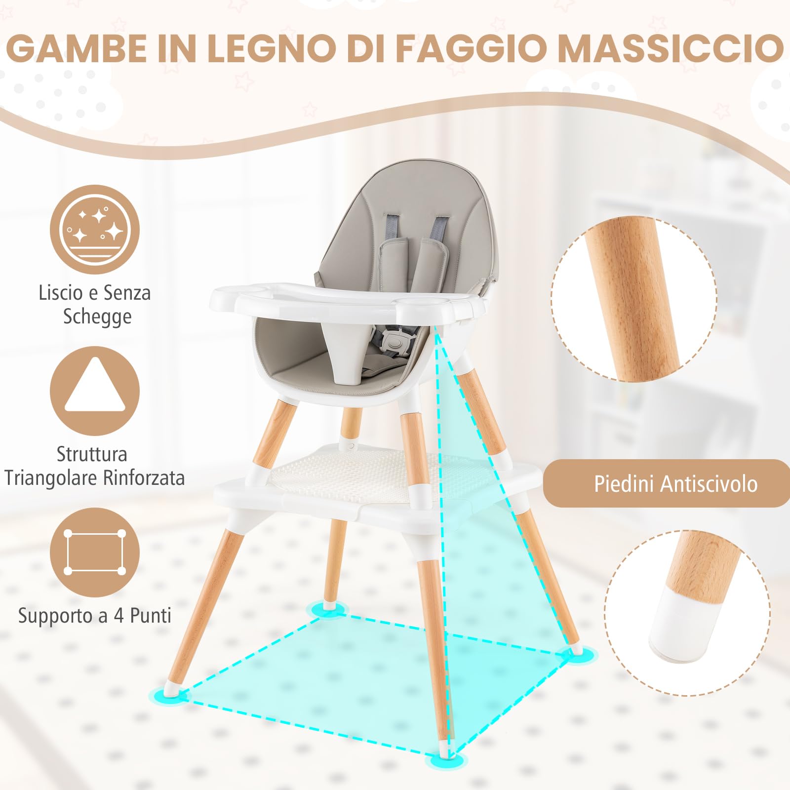 RELAX4LIFE 4 in 1 Seggiolone Pappa, Seggiolone Evolutivo con Vassoio Rimovibile e Cintura di Sicurezza, Altezza Regolabile in 4 Posizioni, per Bambini e Neonati 6-36 Mesi (Standard, Grigio)