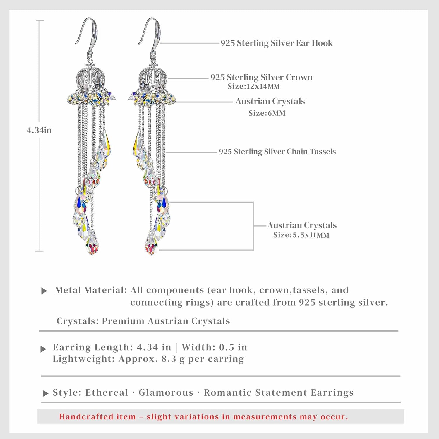 Charming Crown Dangle Earrings,Long Wind Chime Raindrops.S925 Sterling Silver Match with Crystal,Handmade Special Jewelry Gift for Women Ladies