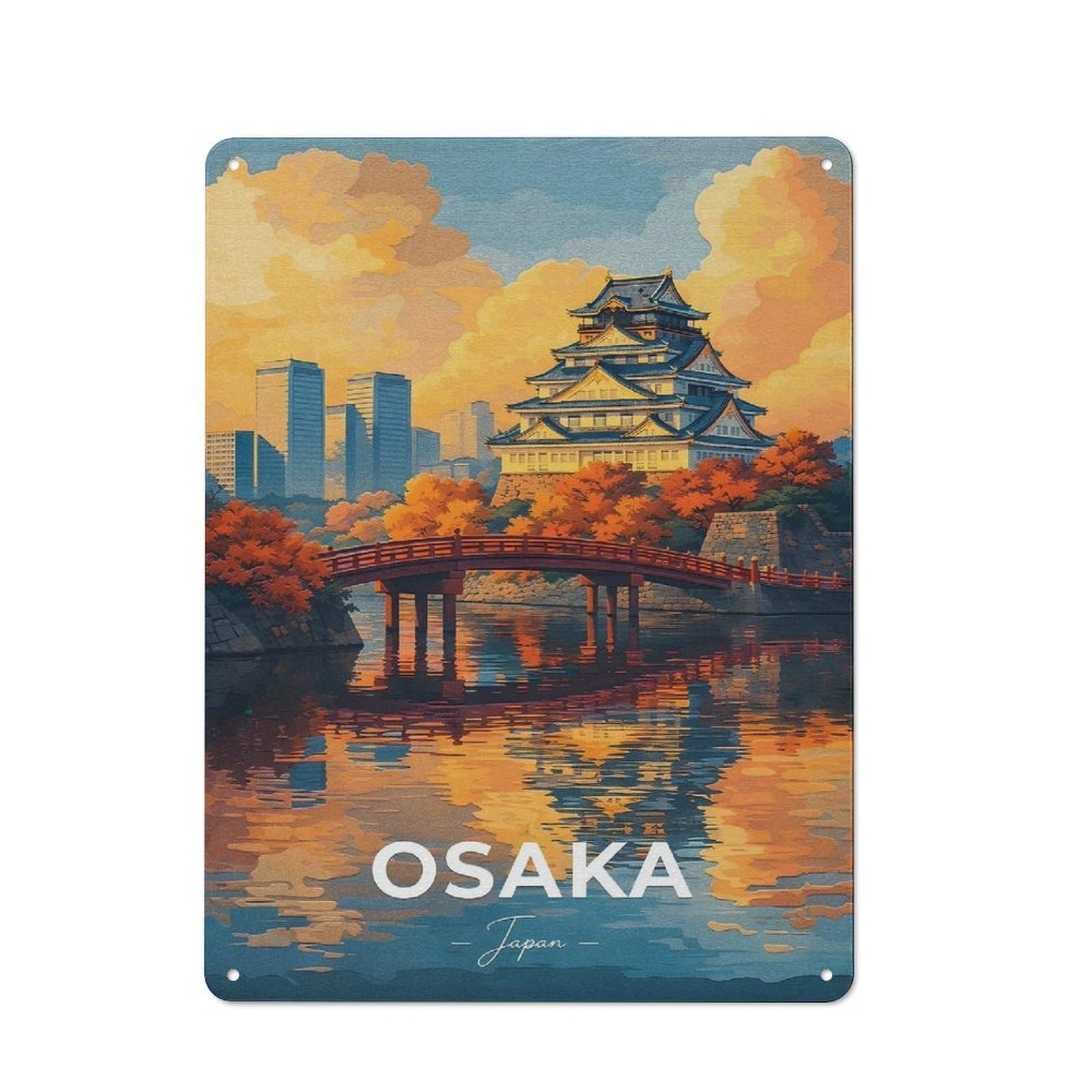 Understated Osaka Castle And Bridge at Sunset Metal Wall Plaque 40x30cm, Creative Space Decor for Office, Study, Studio Or Hallway