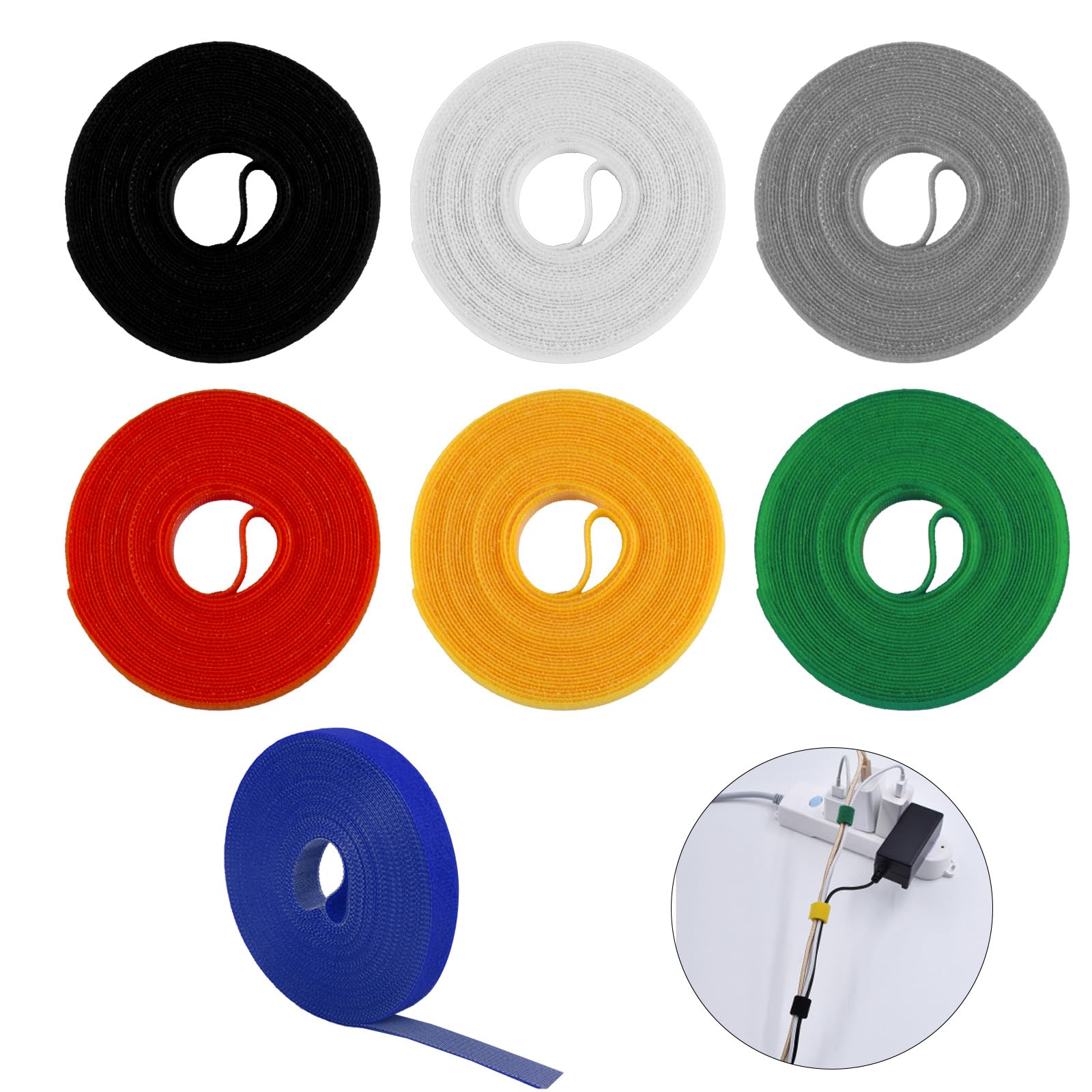 7 Rolls Hook and Loop Cable Ties, 10mm x 5m Self Adhesive Straps