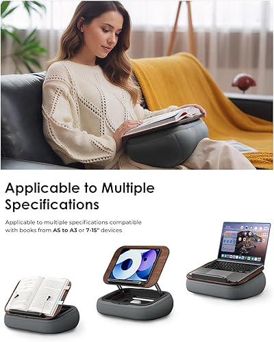 Miniatura 6 de Viozon Soporte de almohada para libro de regazo con almacenamiento, almohada de lectura ajustable con panel de madera oscura, soporte de libro