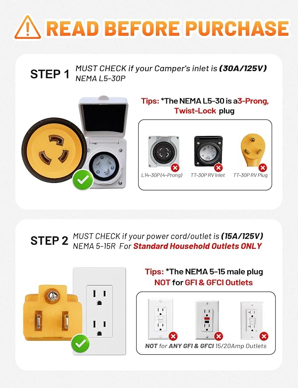 MECMO 30 Amp to 110 RV Adapter w/Locking Connector, NEMA 5-15P to L5-30R Power Plug Cord, 15A Household Male to 30A 125V Female Adapter, 90-Degree Twist Lock Dogbone Converter for RV Marine Generator by MECMO - Image 15