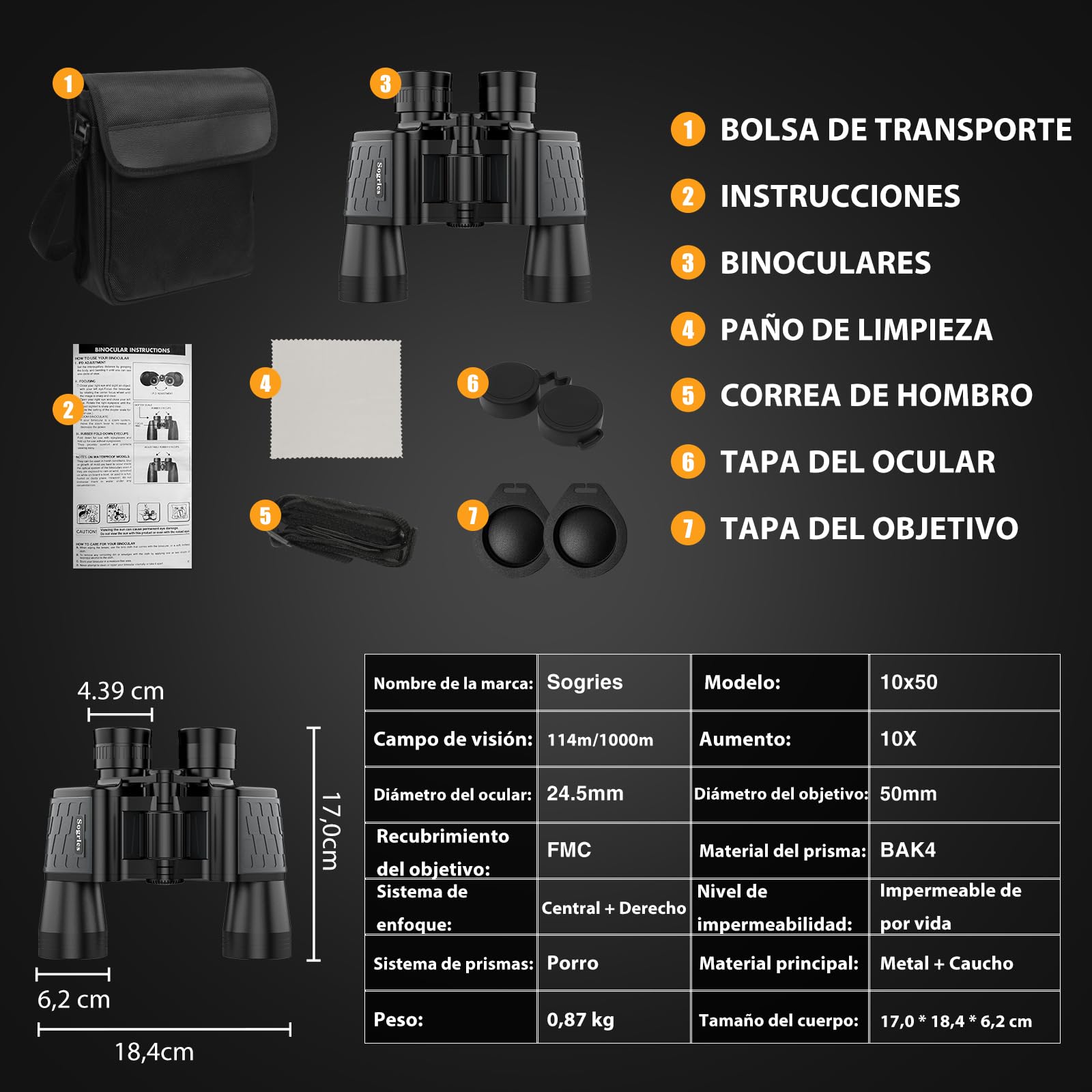 Prismáticos HD 10x50 para adultos, potentes, impermeables y compactos, para observación de aves, caza, viajes, visión con poca luz, agarre antideslizante, aspecto duradero