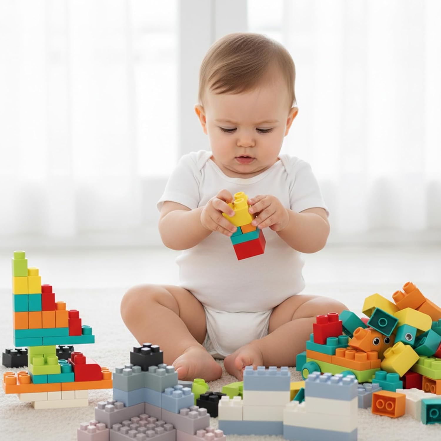 Silicone & Rubber Soft Building Blocks Bundle, Montessori STEM Preschool Learning: 24PCS Sensory Stacking Baby Blocks + 42PCS Construction Set with Storage Bag, Babies 12-18M & Toddlers 1-3