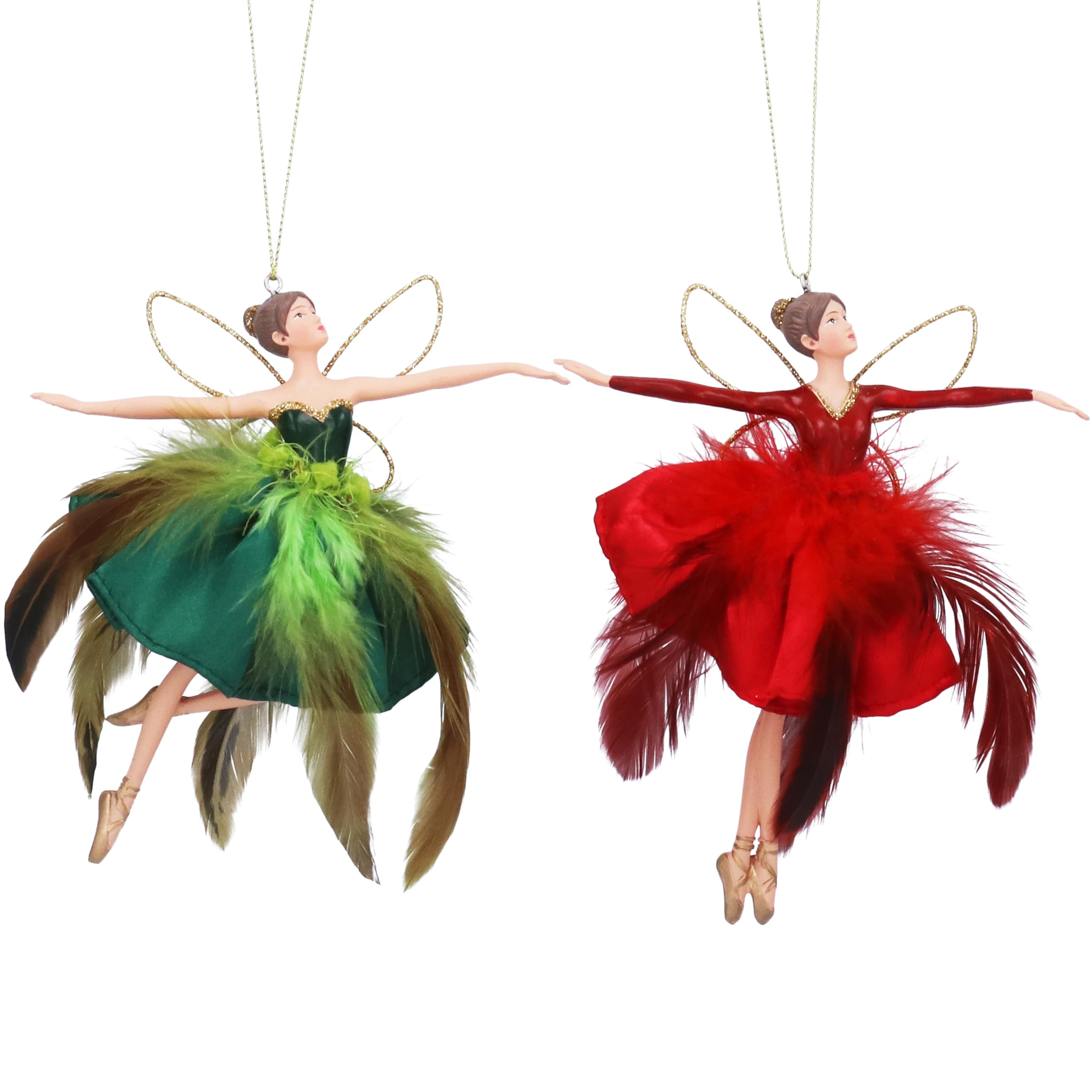 Gisela Graham Green/Red Resin & Fabric & Fabric Flying Fairy With Feather, Skirt Set Of 2