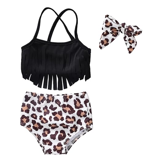 Toddler Infant Baby Girls Swimsuit Leopard Tassels Bikini Two Pieces Bathing Suit Summer Beach Outfits Set (Leopard, 3T)