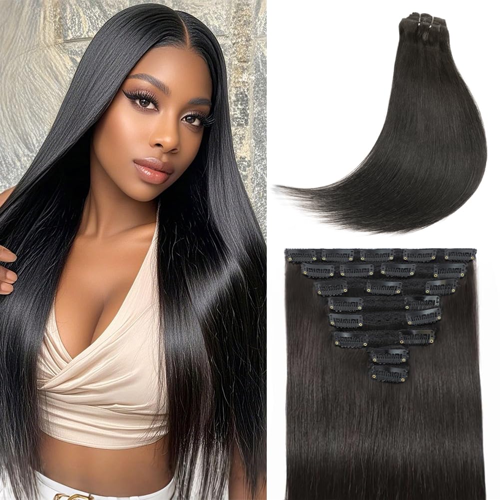 Clip in Hair Extensions Real Human Hair 18 Inch 120g/4.23oz 1B Natural Black Clip in 100% Brazilian Remy Virgin Human Hair Extensions 8pcs Per Set with 20 Clips Double Weft
