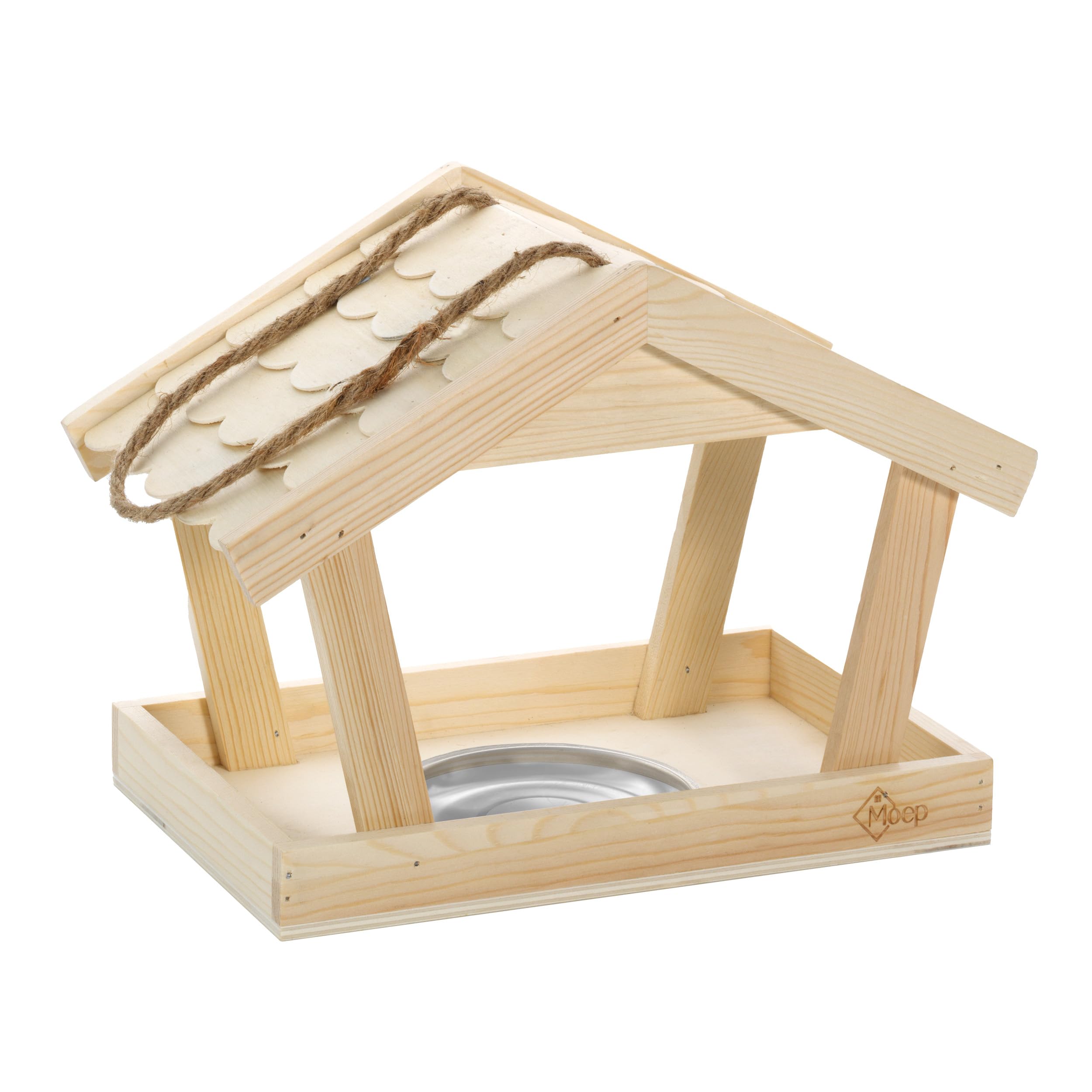 Vogelhaus aus Holz, Futterhaus für Vögel hängend mit Napf oder Tränke