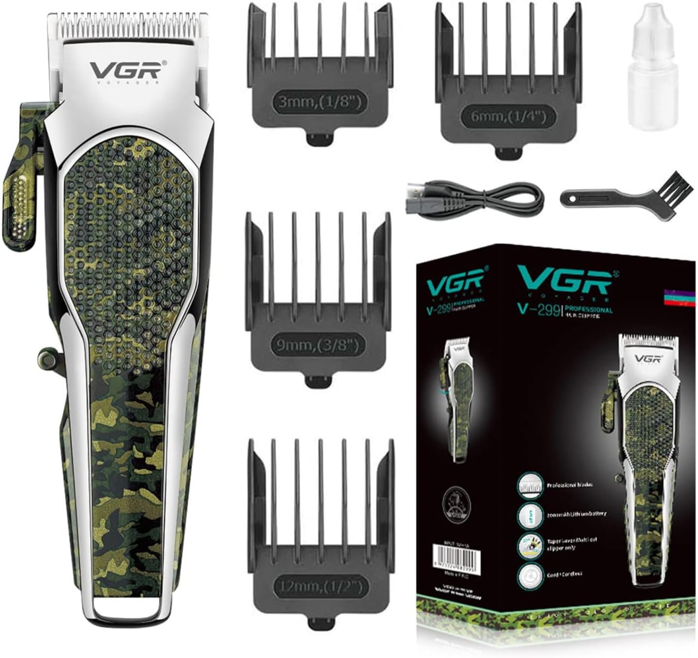 Image showing the VGR V-299 hair clipper along with all its accessories: four guide combs of different sizes, a USB charging cable, a cleaning brush, a small bottle of lubricating oil, and the product packaging.