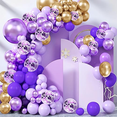 Kit de arco de guirnalda de globos morados, 148 unidades, color morado pastel, lavanda, dorado, morado oscuro, confeti, globos metálicos de látex