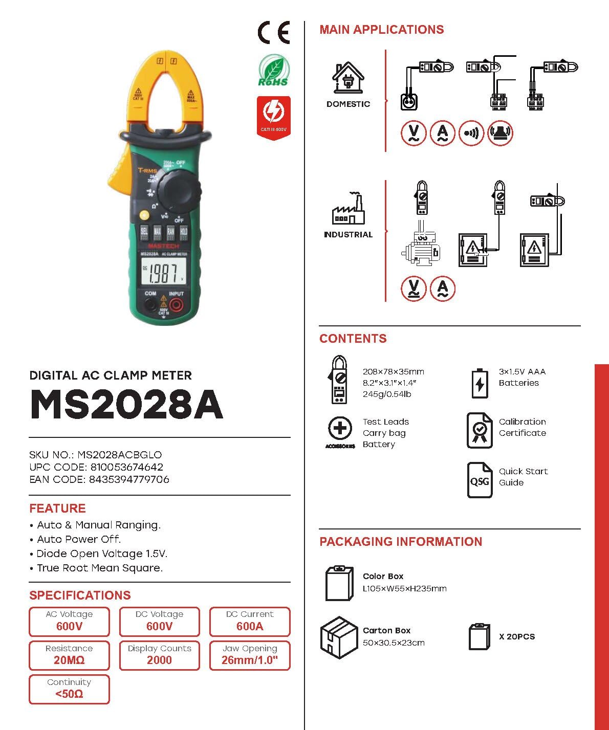 MGL MASTECH MS2028A Current Pliers Voltage Circuit Tester Pincers Multimeter AutoRange Digital AC 600A Current Clamp Meter True RMS Multimeter Resistance Tester(MS2028A)