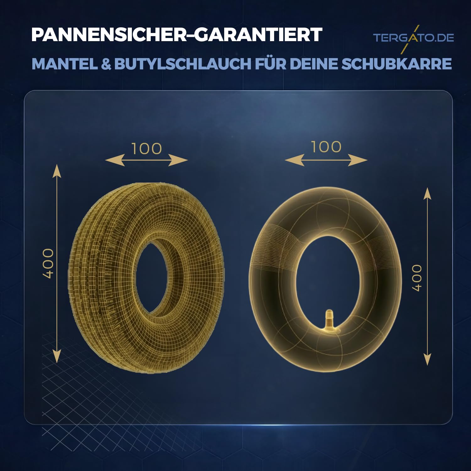 Schubkarrenreifen Set 400mm (4.80/4.00-8) 2PR von Tergato – Robuster Mantel (Decke) & Premium Butyl-Schlauch mit geradem Ventil – OHNE FELGE – Rillenprofil bis 2,0 Bar – Ersatzreifen für Schubkarren
