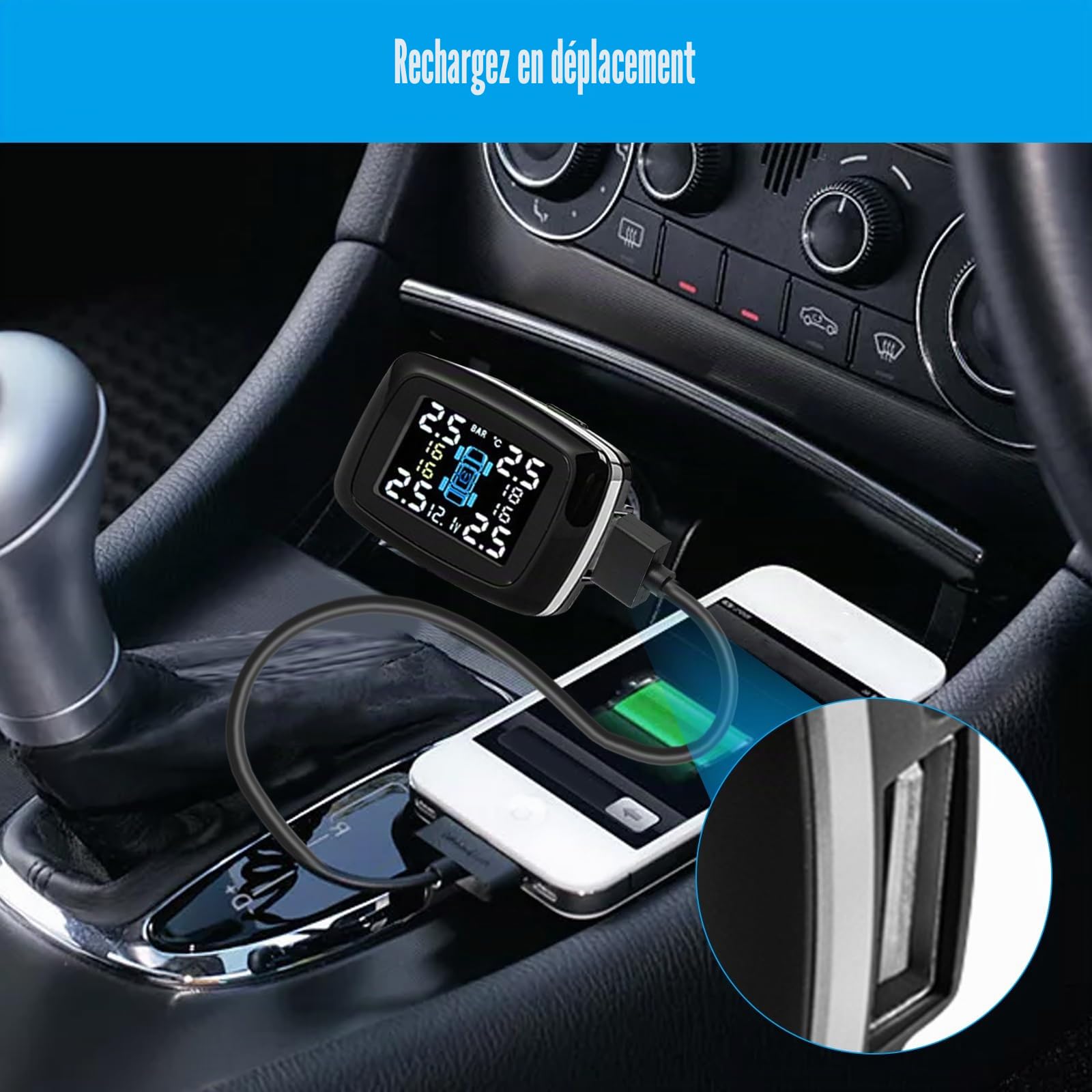 Système de surveillance de pression des pneus, système de pression des pneus TPMS sans fil pour voiture, 6 modes d'alarme, luminosité de l'écran et angle de moniteur réglables pour camping-car, SUV