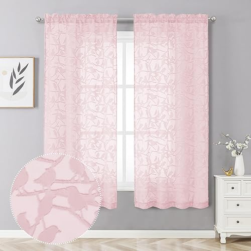 Vista 46 de OVZME - Anji Cortinas semitraslúcidas de gasa, ligeras, vaporosas, privacidad, textura, bolsillo barra doble, pájaros recortados, dormitorio, sala