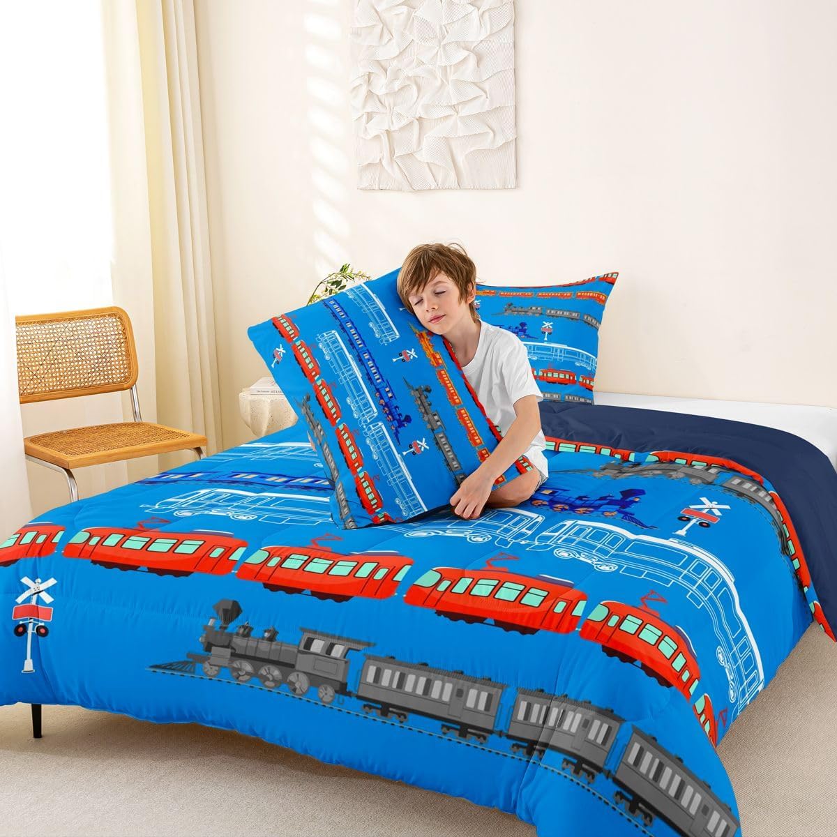 Feelyou Cartoon Car Comforter Set for Kids Boys Girls Vintage Car Comforter Train Bedding Set Bedroom Decor Retro Steam Train Blue Light Sign Duvet Set Twin Size Quilt Set 2Pcs