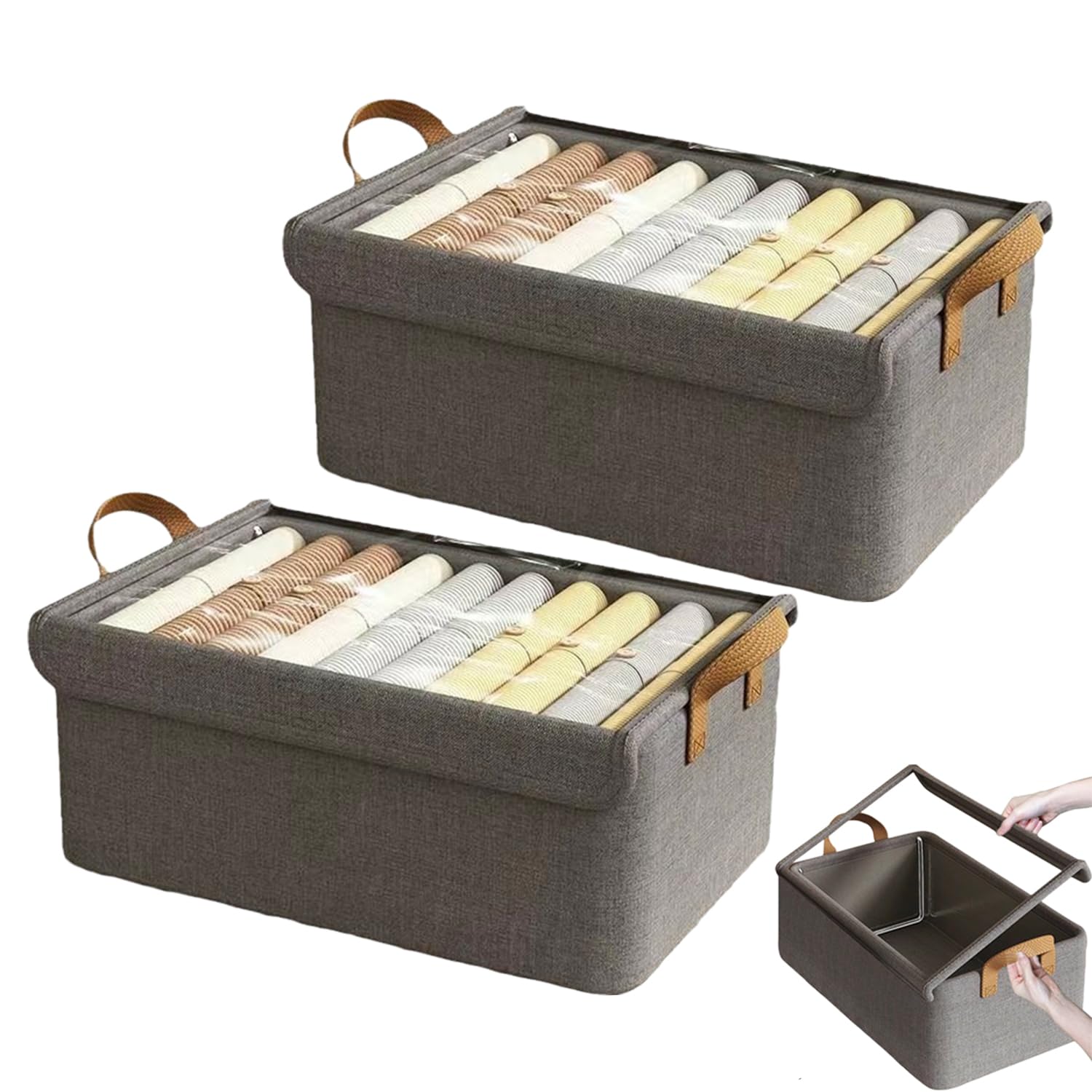 Organizador de Ropa para Closet 2 Piezas, Cajas Organizadoras De Tela Con Tapa Y Soporte De Acero,Caja De Almacenamiento Plegables Cajones Organizador,Organizadores de Ropa y Papeleras para Dormitorio