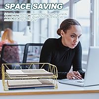 Vista 5 de Yeaqee Organizador de escritorio dorado apilable de 4 niveles, bandeja de papel, organizador de archivos de escritorio de letras de metal, soporte