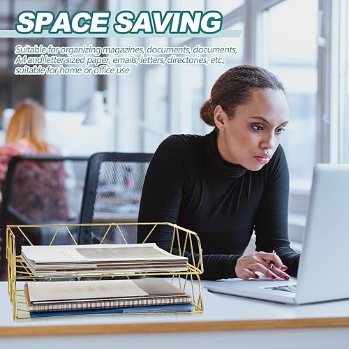 Vista 5 de Yeaqee Bandeja de papel apilable de 4 niveles, organizador de escritorio dorado, organizador de archivos de metal para escritorio, soporte