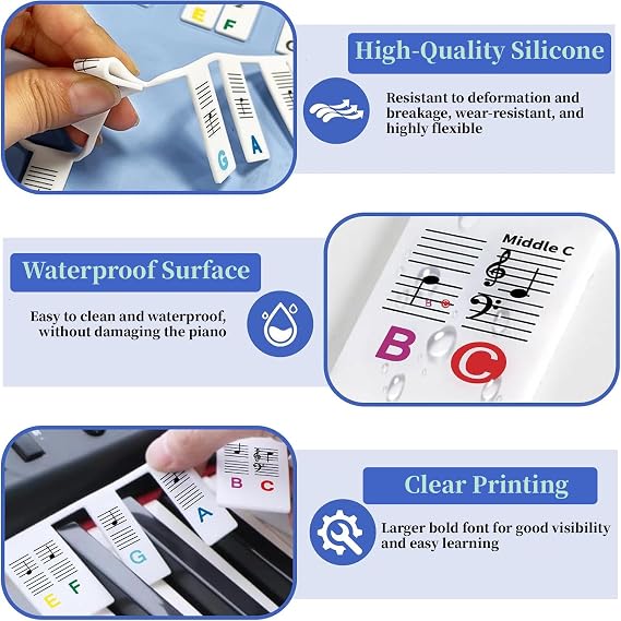 Removable Piano Keyboard Note Labels, Reusable 88 Key Full Size Universal Piano Notes Guide, No Need Stickers, Piano Notes Overlay with Box, Silicone Music Label for Beginners (Colorful Text)