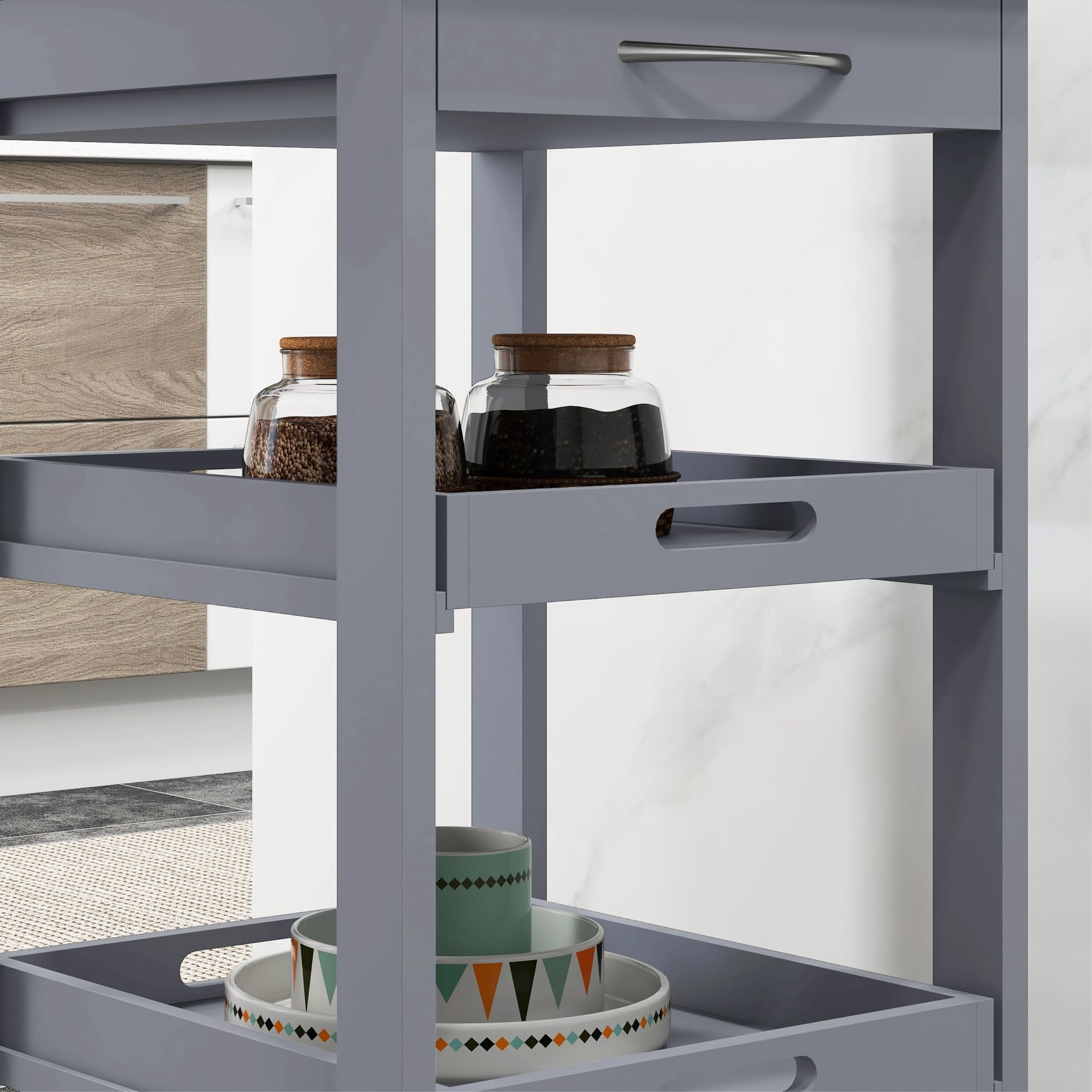 HOMCOM Carrello da Cucina con Cassetto, 2 Vassoi Estraibili e Ripiano Fisso, Carrello Portaoggetti in Legno di Pino e MDF, 37x37x76 cm, Grigio e Rovere