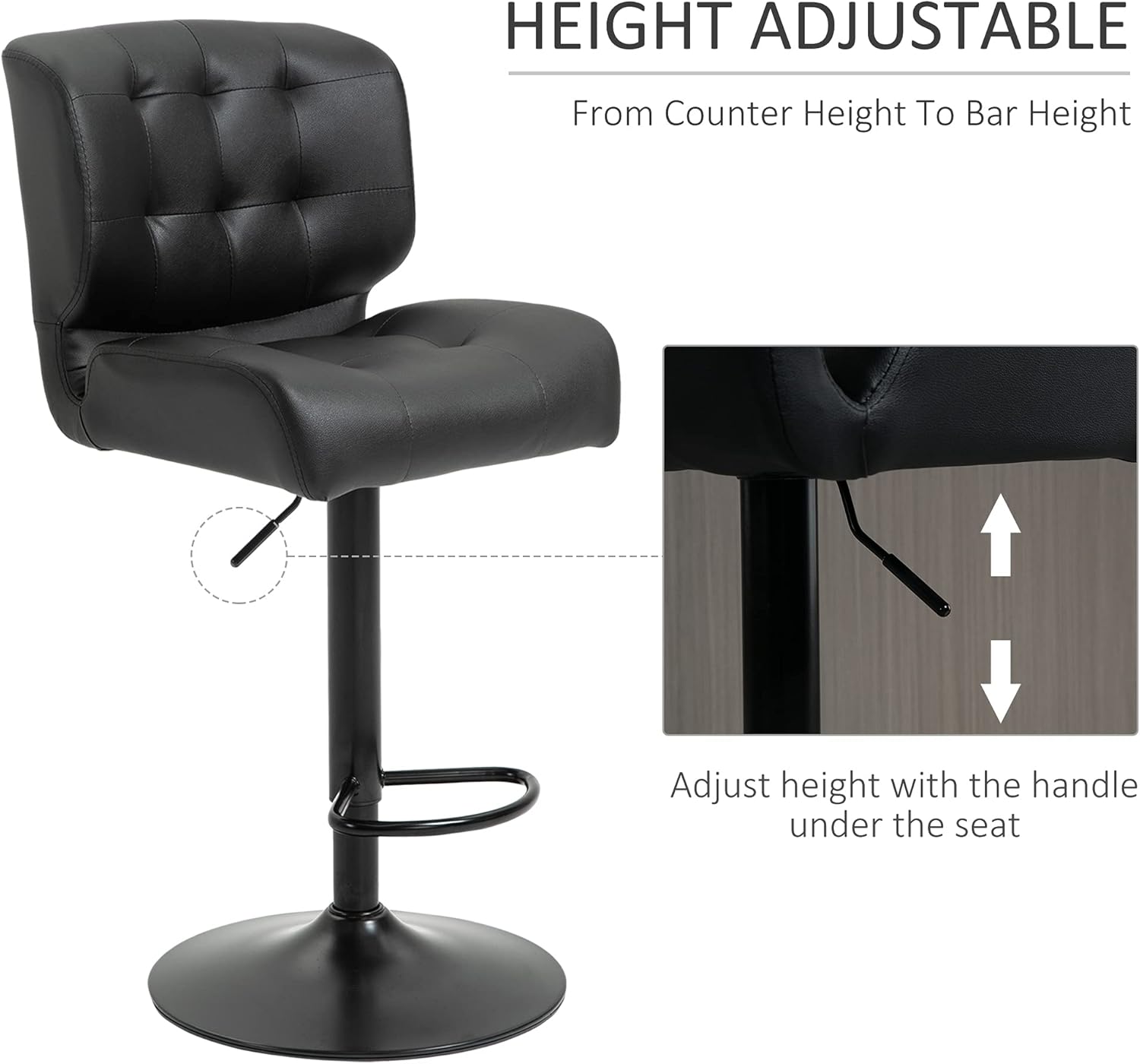 HOMCOM Bar Height Bar Stools Set of 2 with Adjustable Seat, Adjustable Swivel Barstools with Thick Padded Cushion and Metal Footrest for Home Bar, Black