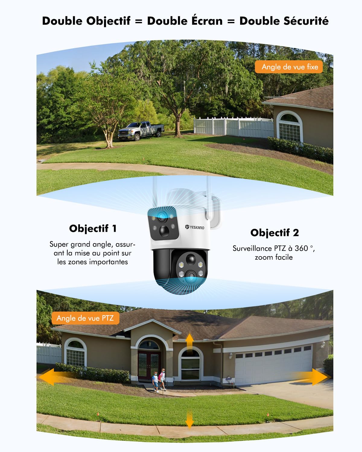 YESKANO 6MP Camera Surveillance WiFi Exterieure sans Fil Batterie | Panneau Solaire, 360° PTZ Camera Solaire Exterieur, 2.4GHz Double Objectif, Vision Nocturne Couleur, Audio Bidirectionnel