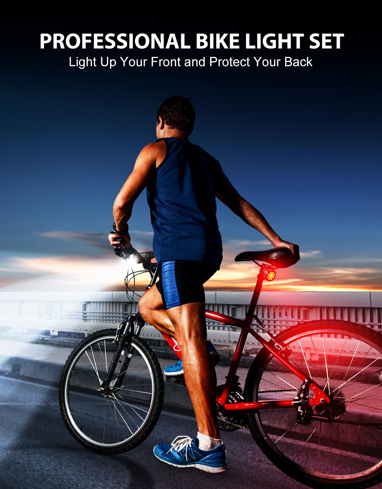 Zewdov Luces de bicicleta brillantes de 1000 lúmenes para montar por la noche, 8 + 7 modos, luces de bicicleta de aleación de aluminio resistentes delanteras y traseras, IP65 impermeables y