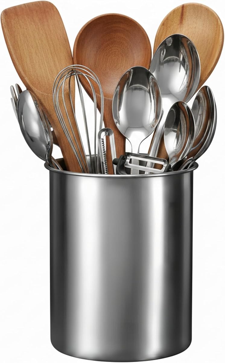 Utensil Holder for Kitchen Countertop, 4.5-Inch Stainless Steel Caddy | Compact Metal Caddy Keeps Spoons, Spatulas and Everyday Cooking Tools Organized and Easily Accessible on the Kitchen Counter.