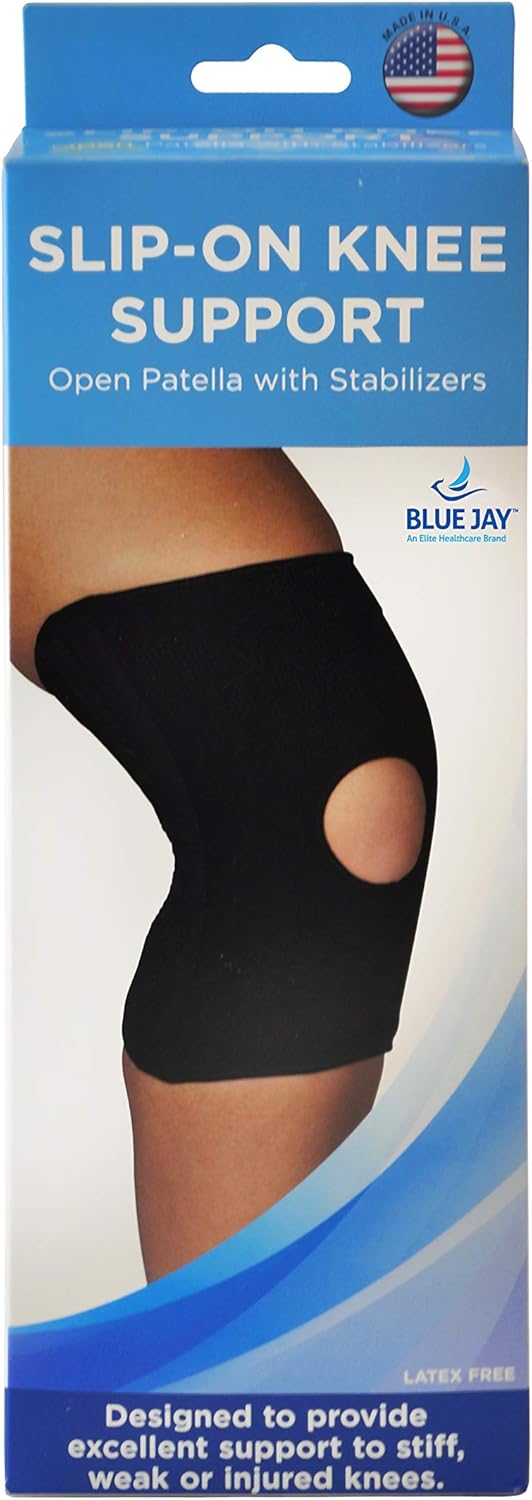Blue Jay An Elite Healthcare Brand Slip-On Knee Support | Open Patella with Stabilizers | Designed to provide pain relief |Recommended by Doctors and Physicians|Medium (Black)