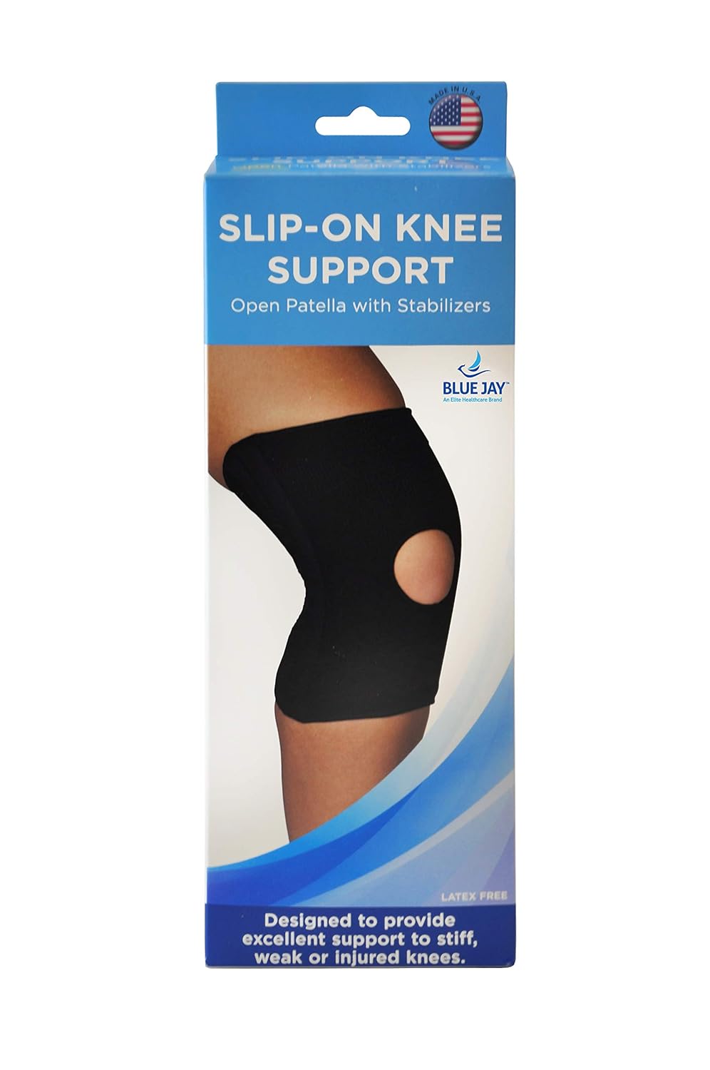 Blue Jay Slip-On Knee Support | Knee Cap, Open Patella with Stabilizers, Knitted Elastic | Excellent Support to Weak Knees, Leg and Foot Supports | 17.5in.-20in Large, Black