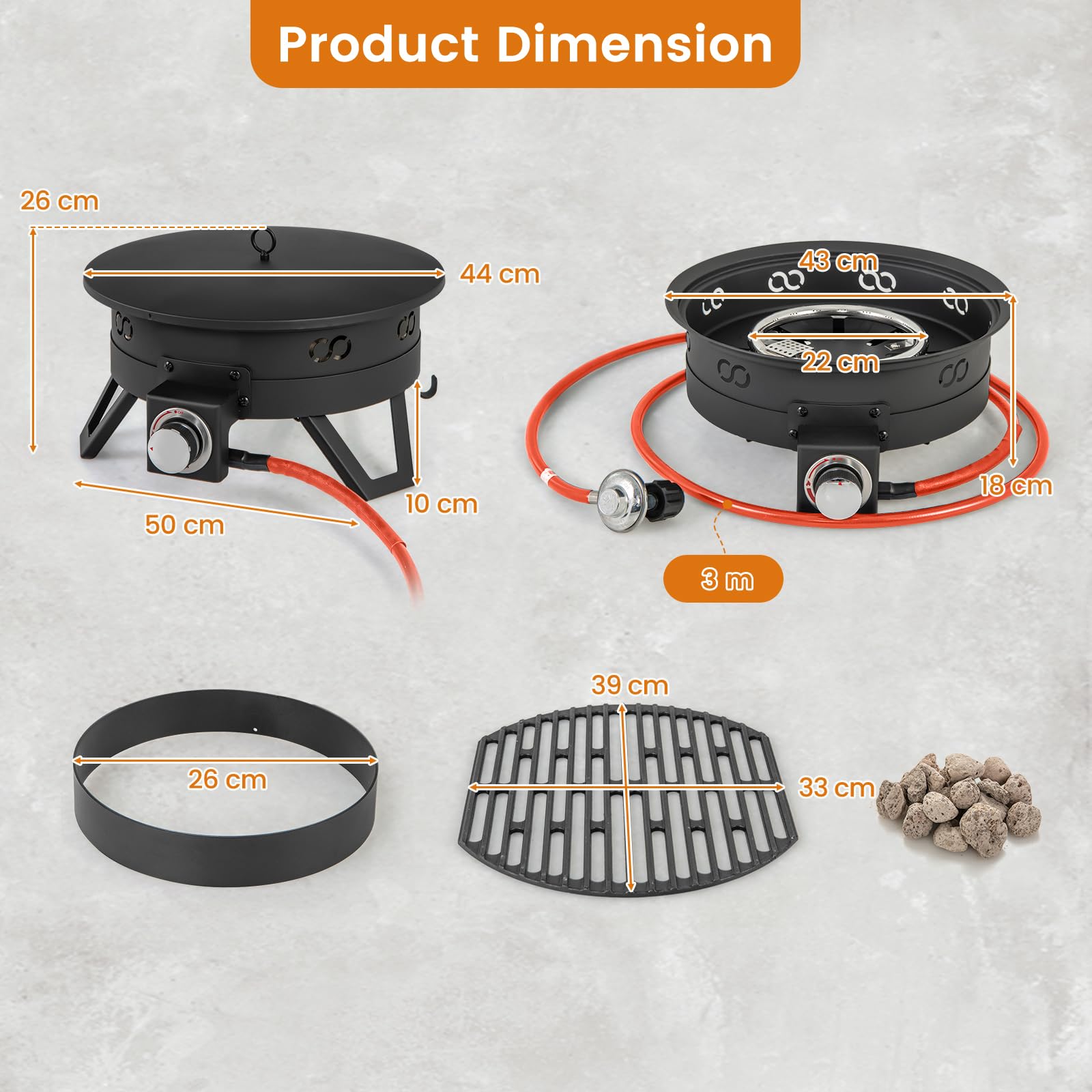 58000 BTU Propane Fire Pit, 44 cm Small Outdoor Fireplace with Foldable Legs, Portable Round Pit Lid, Cooking Grill, Carry Bag, Lava Rocks, Smokeless Firepit for Camping — view 7