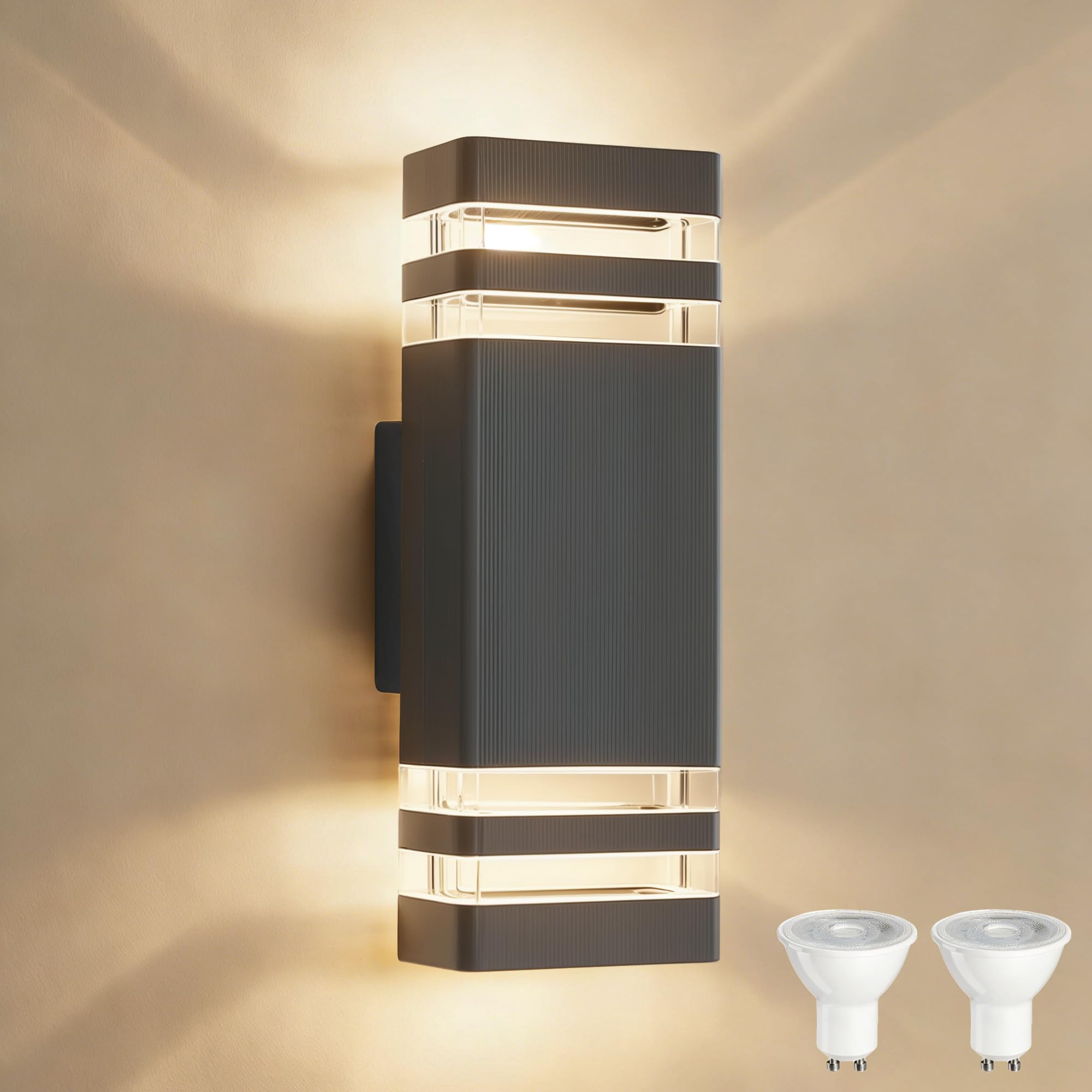 Outdoor Wall Lights Mains Powered Up Down Outside Light IP54 Waterproof Porch Front Door Light Modern Square Lighting Exterior Sconce Lamp Included 2 x 5W 3000K GU10 Bulbs for House, Anthracite Grey