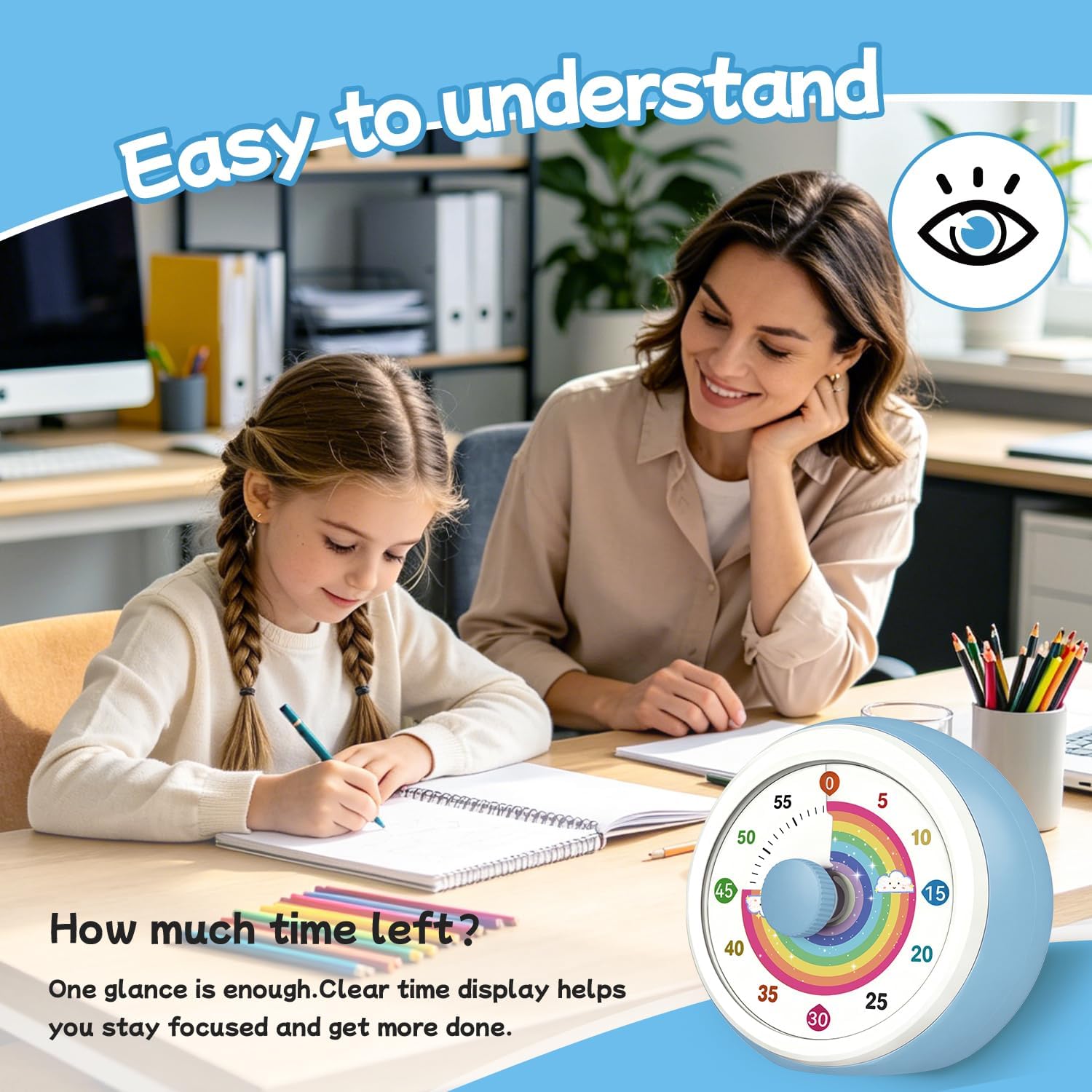 Visual Timer for Kids, 60-Minute Silent Countdown Clock with Rainbow Disk, No Ticking Kitchen Timers for Classroom Homeschool, Small Desk Timer Gift for Toddlers Students Adults, White Blue