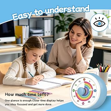 Visual Timer for Kids, 60-Minute Silent Countdown Clock with Rainbow Disk, No Ticking Kitchen Timers for Classroom Homeschool, Small Desk Timer Gift for Toddlers Students Adults, White Blue