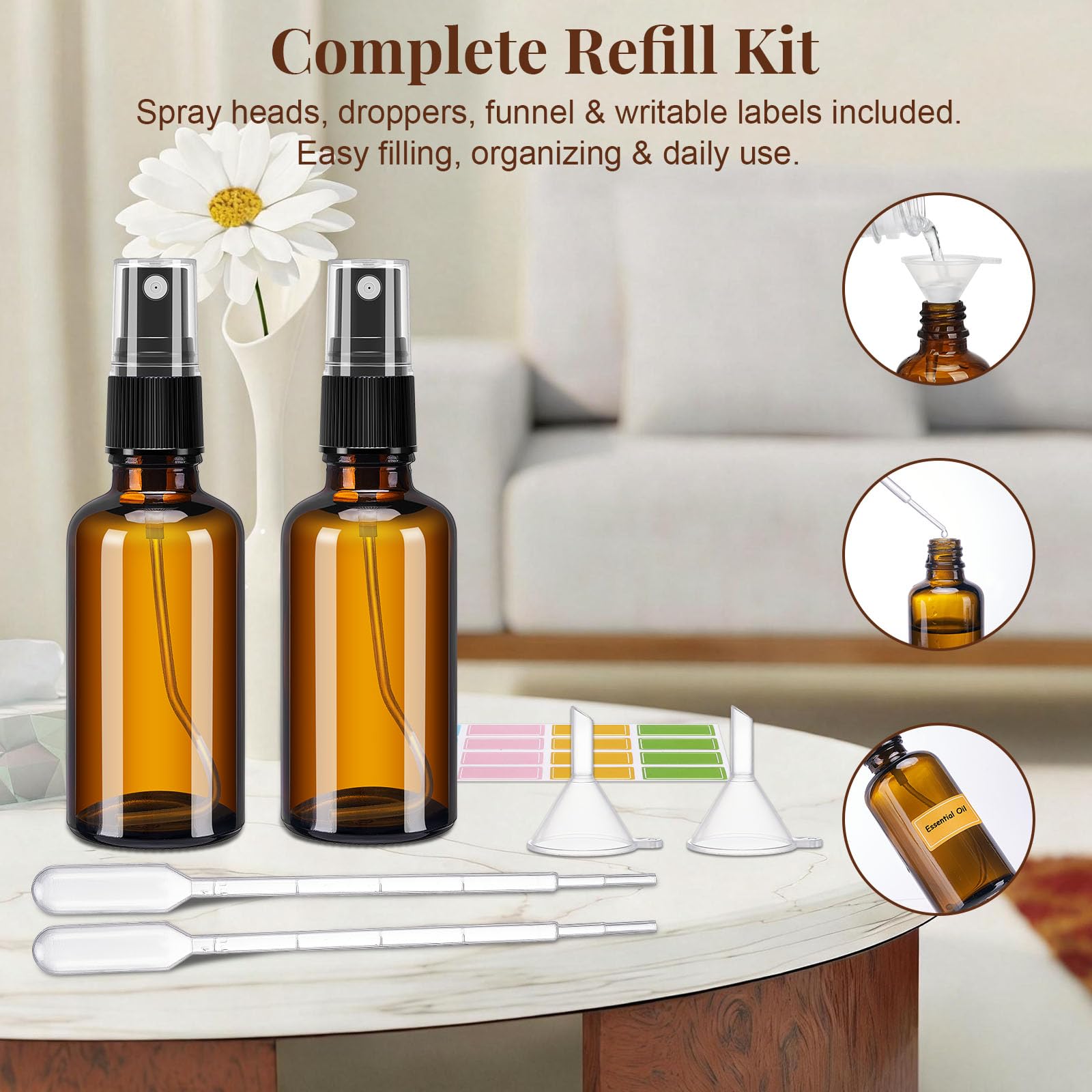 Tiusixsy 10 Stück Braunglas Sprühflasche 50ml, Sprühflasche Klein Glas mit Trichter und Tropfer, Zerstäuber für Ätherisches Öle, Parfüm, Kosmetik, Reinigung und Aromatherapie - 5