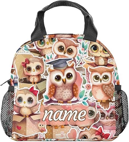 Miniatura 9 de Lonchera con diseño de búho para niñas y niños, reutilizable, aislada, con correa para el hombro, lonchera pequeña, rosa, bonita, ideal para la