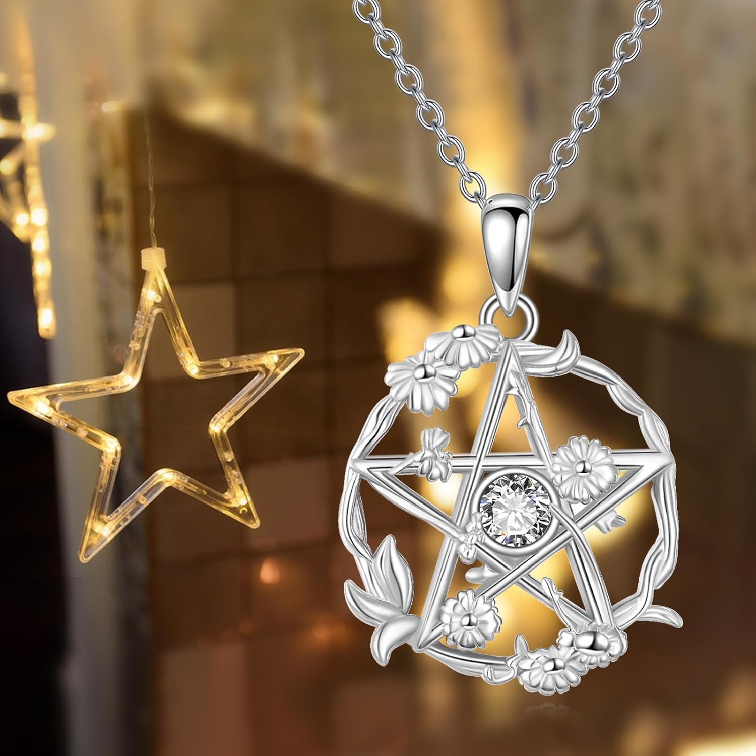 Pentagram Daisy Necklace for Women 925 Sterling Silver Birthstone Pentacle Pendant Necklace Pentacle Jewelry Birthday Gifts - Image 4