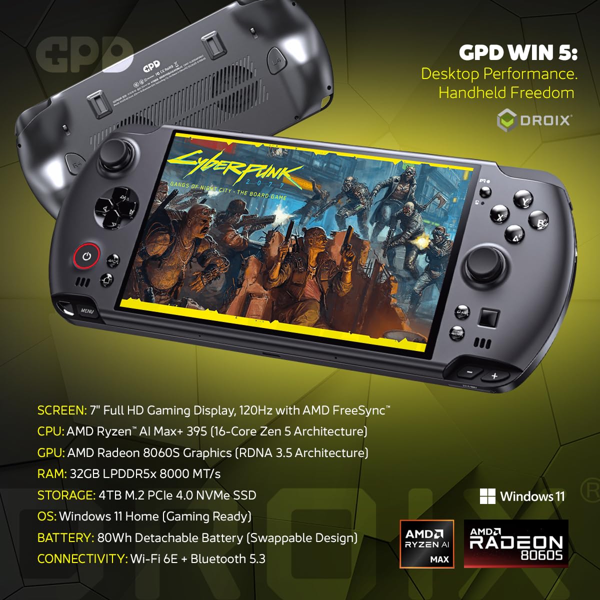 GPD WIN 5 PC portatile da gioco | AMD Ryzen AI Max+ Ryzen 395 | 32GB LPDDR5X RAM, 4TB SSD | Scheda grafica Radeon 8060S | PC portatile per giochi AAA ed emulazione