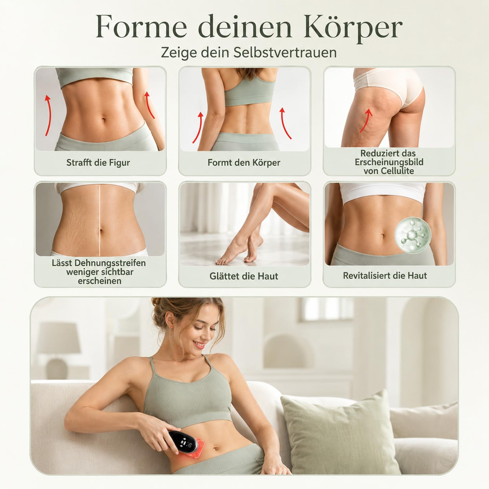 3-in-1 Anti Cellulite Massagegerät elektrisch: EMS, Vakuum Schröpfgerät, red light therapy, Lipödem/Lymphdrainage, Hautstraffung Bauch Beine Po Rücken, 3 Modi 10 Stufen, Sprachansage, 4 Aufsätze, Box