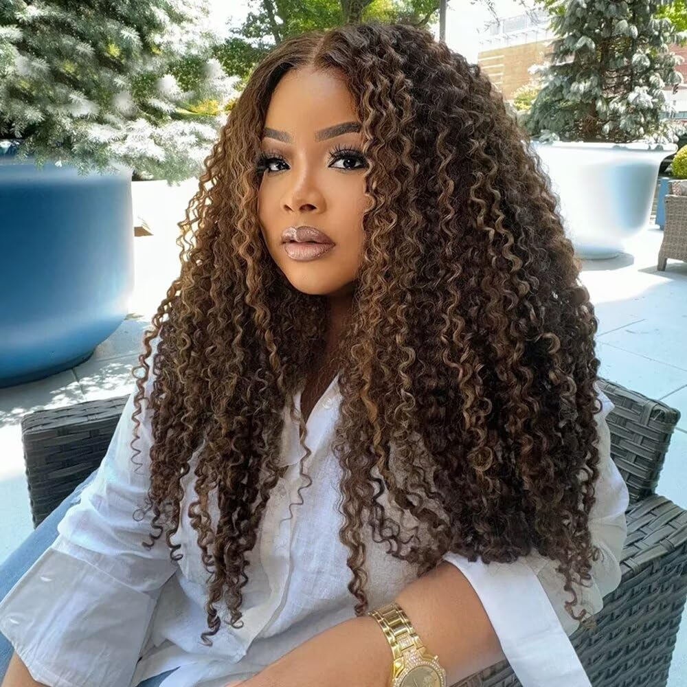 Highlight Honey Blonde Kinky Curly Invisible HD Transparent 13x4 Glueless Lace Human Hair Wigs Pre Plucked for Black Women Brazilian Remy Hair Full End Wig with Bleached Knots 180% High Density