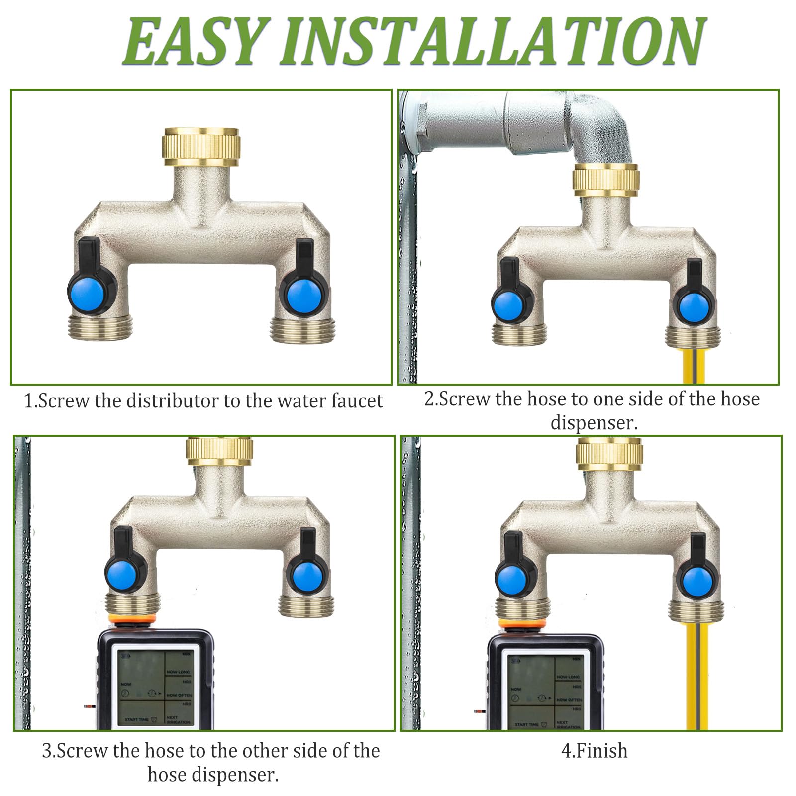 Distributore Acqua Rubinetto a 2 Vie, Sdoppiatore Rubinetto Giardino, Distributore a 2 Vie 3/4 Pollice con 2 Valvole a Sfera Separate, 3/4" Distributore a 2 Vie per Rubinetto Giardino Ottone (2 Vie)