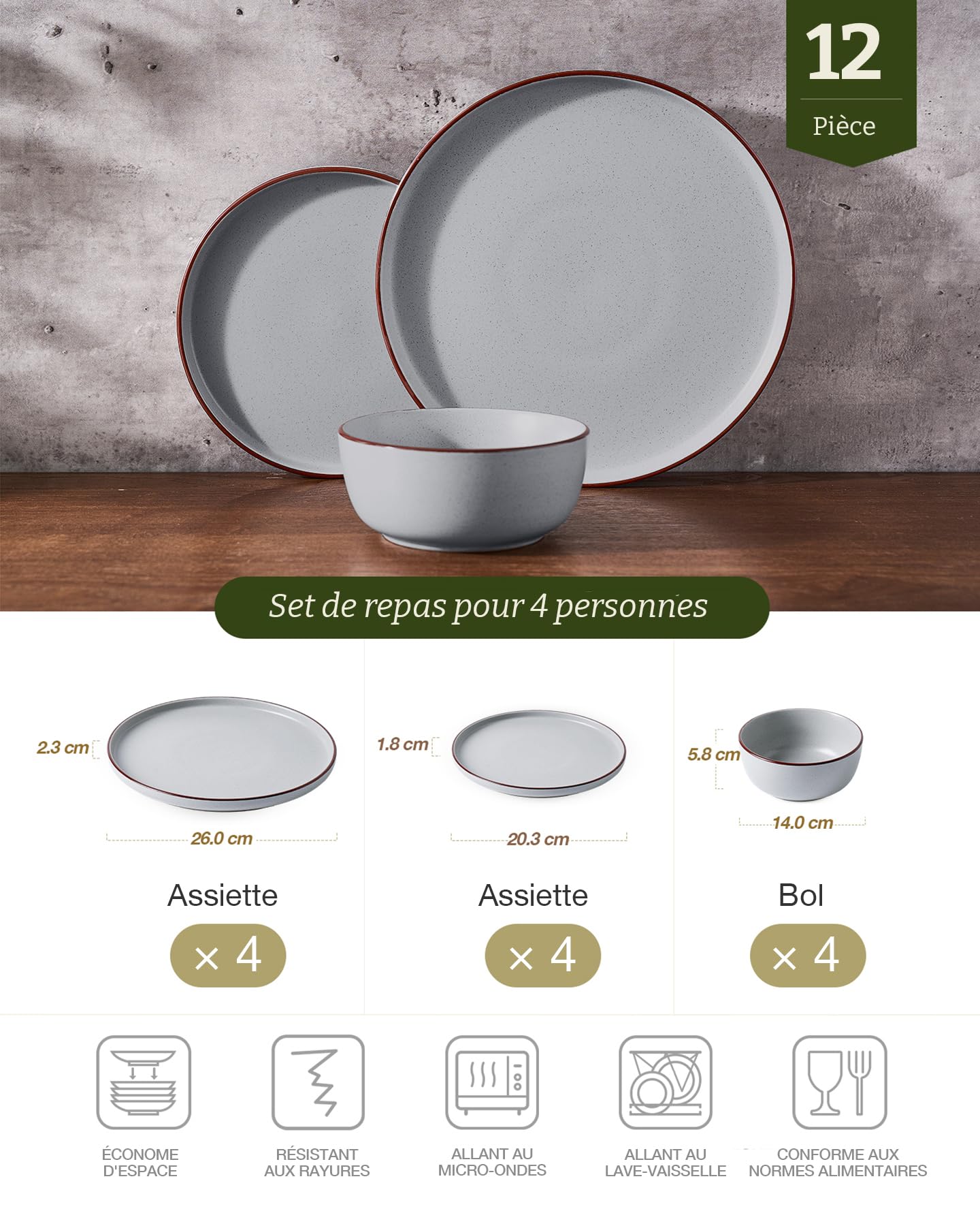 Richmount Mercury Service de Table 12 Pièces, Céramique pour 4 Personnes avec Assiettes et Bols, Micro-ondes et Lave-vaisselle, Gris Clair
