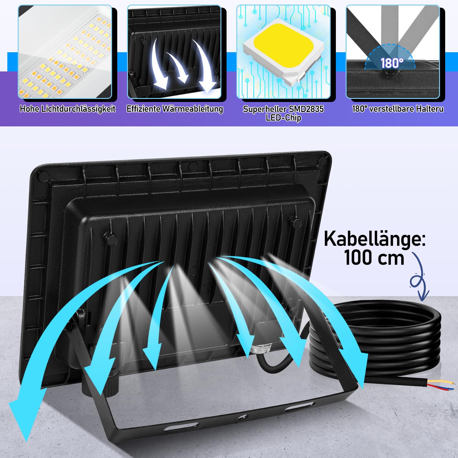 Sonnewelt Zestaw 5 reflektorów LED na zewnątrz, po 100 W, 3 temperatury barwowe, IP66 | 3000 K/4000 K/6500 K do wyboru za pomocą przełącznika CCT, ok. 7300 lm na lampę, kąt świecenia 120° i kabel 1 m.