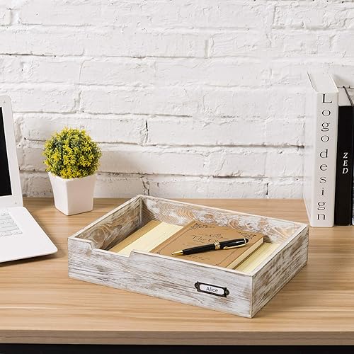 Miniatura 5 de MyGift Bandeja de escritorio blanca rústica, soporte de bandeja de entrada de madera blanqueada, caja organizadora de carpetas de papel de