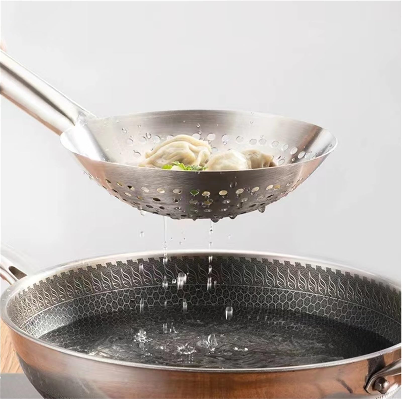 Sitko Kosz ociekowy Chipsy ziemniaczane Kosz do smażenia Sito kuchenne Łyżka Filtr Narzędzia ze stali nierdzewnej łyżka cedzakowa(Silver-304,30cm)